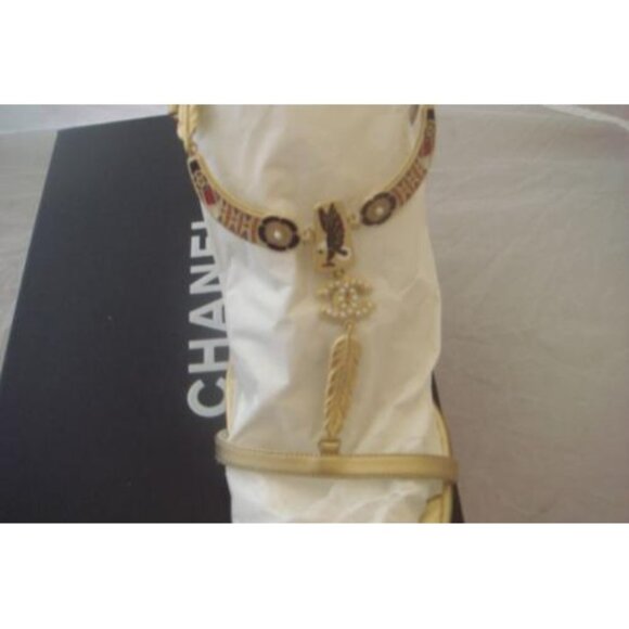 Chanel Gold Logo Charm Sandals with Pearl & Feathers, Ankle Strap, Size 41 - Picture 1 of 8